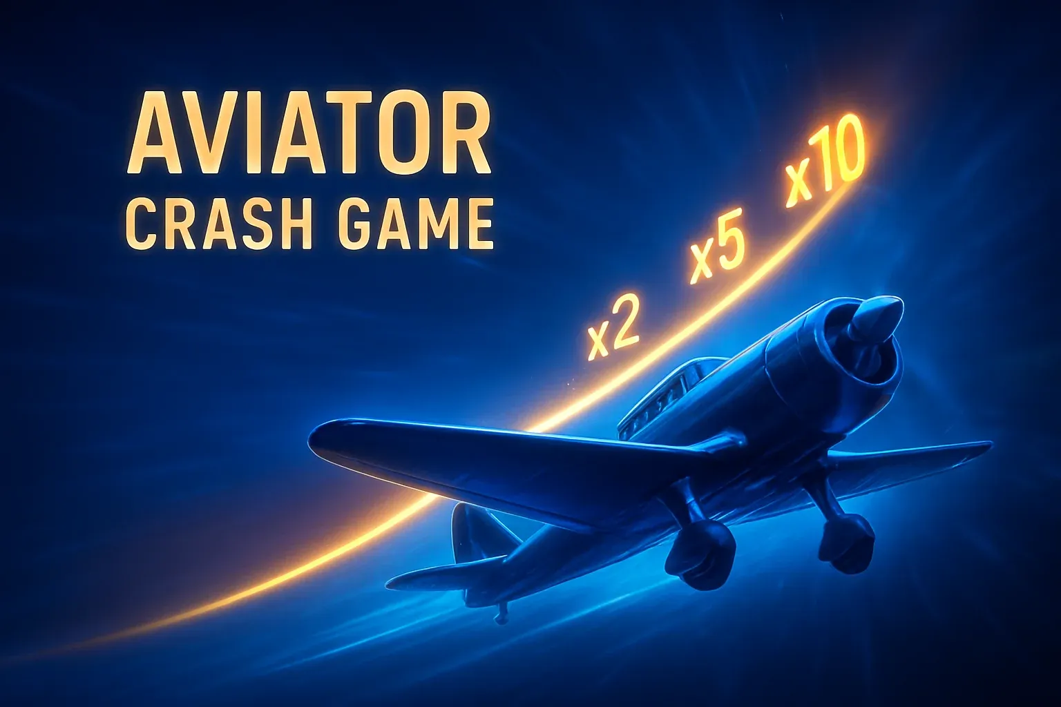 Банер за Aviator crash игра със самолет и светеща крива множители x2 x5 x10