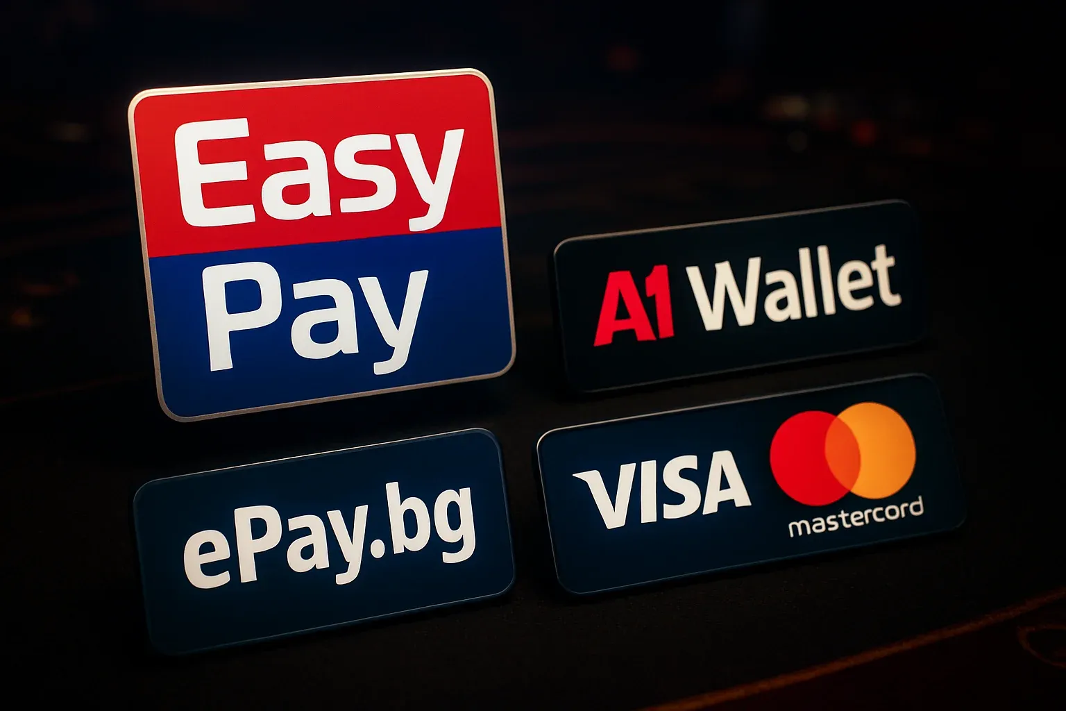 Лога на EasyPay, ePay.bg, A1 Wallet, Visa и Mastercard на тъмен казино фон
