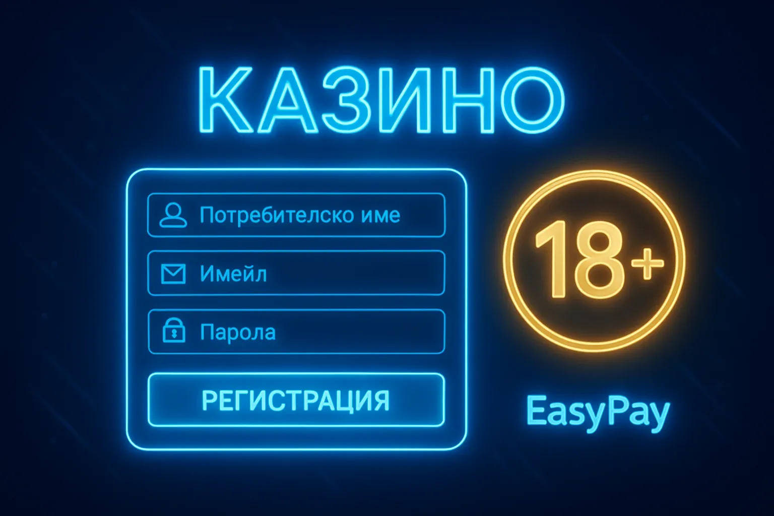 Концепция за регистрация в българско казино с форма, значка 18+ и EasyPay